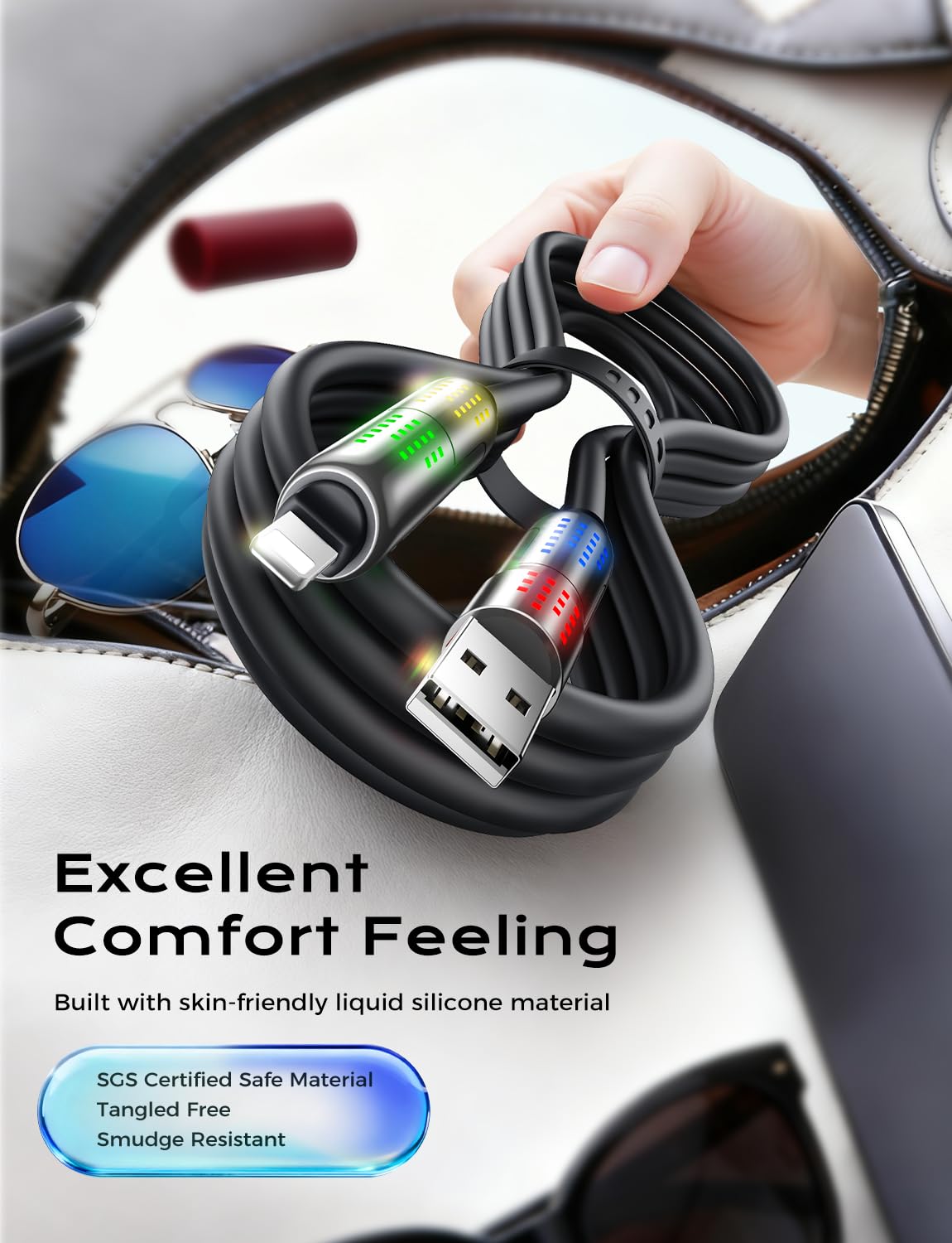 MAGIC JOHN 240W 4 in 1 Charging Cable, 6.6FT USB C to Lightning Cable [MFi Certified], Multi Chargers for All Devices, Chubby USB A/C to C/Lightning with Light for iPhone/MacBook/iPad/Samsung/Switch 2