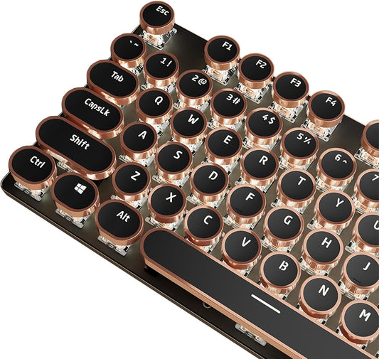 Typewriter Style Mechanical Gaming Keyboard White LED Backlit | 104-Key NKRO White Switches Retro Round Keycaps Gold Rings Volume Knob Metal Panel Wired USB-C Detachable Cable, Black