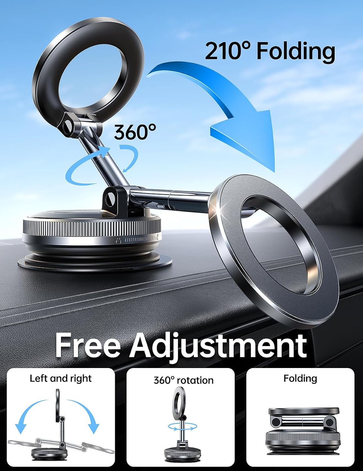 Coolpow【Newest Vacuum Magnetic Phone Holder for Car Phone Holder Mount【Movable Vacuum Suction】 Magsafe Car Mount Cell Phone Holders for Your Car Accessories for Women Men for iPhone 17 16 -Black