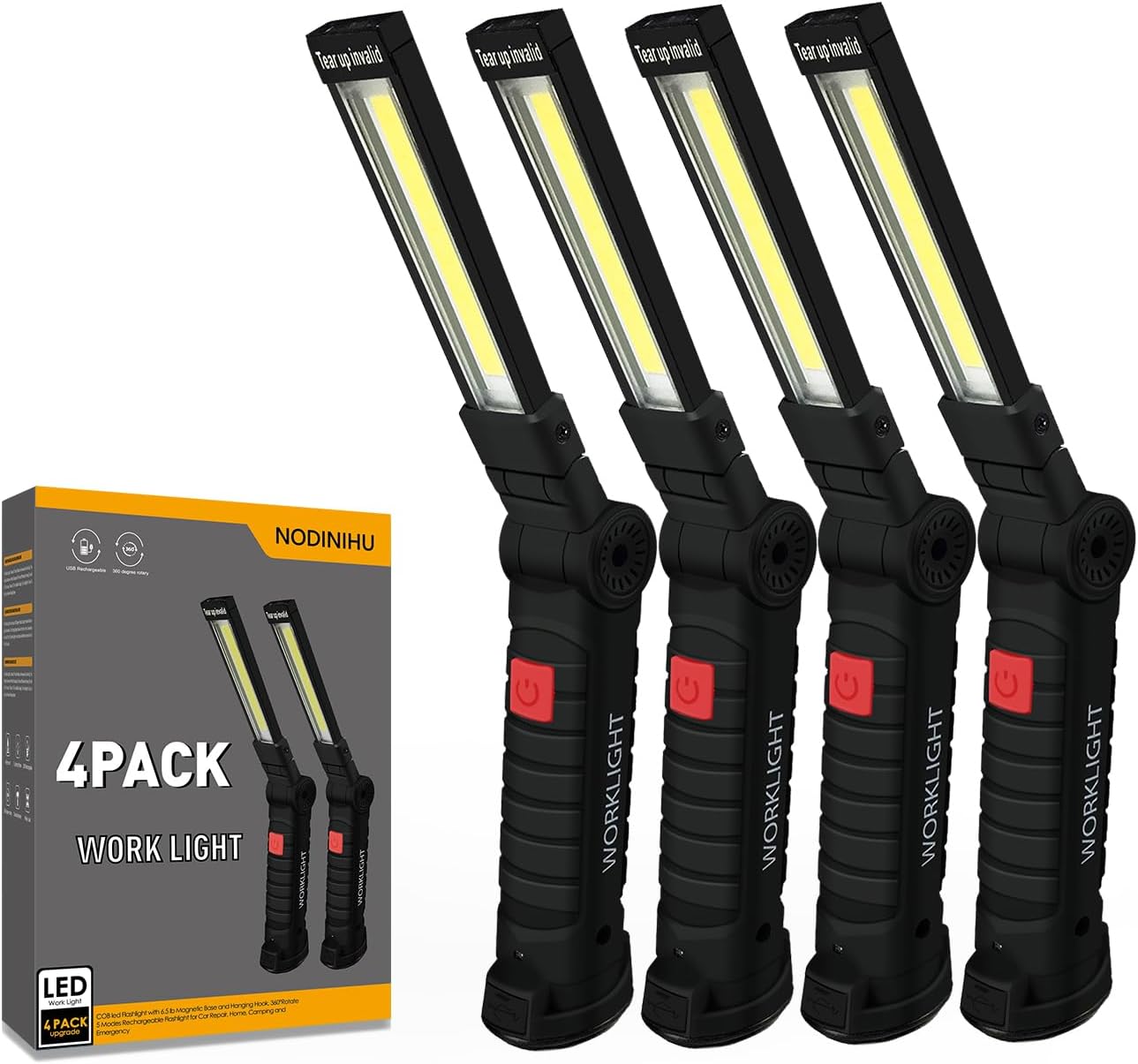 NODINIHU Working Light Portable, Rechargeable Work Lights with Magnetic Base Hanging Hook,360° Rotate 5 Modes,COB LED 800 Lumens Foldable Inspection Light for Car Repair, Grill and Outdoor Use(4pack)