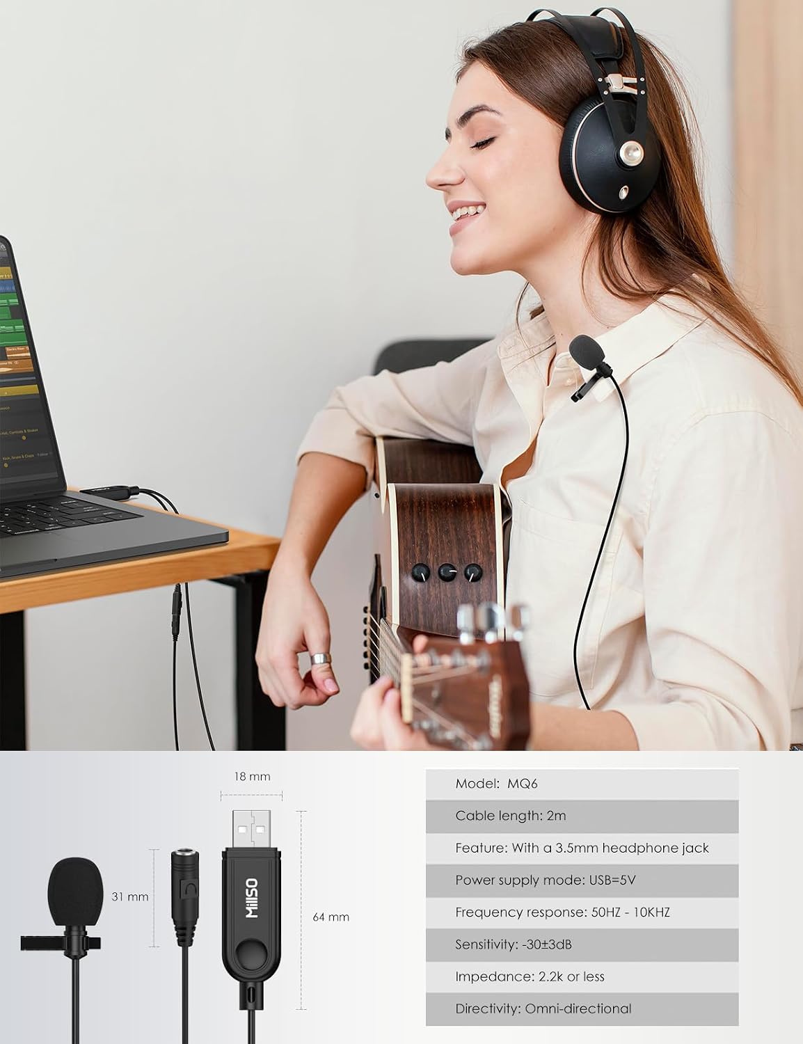 MillSO USB Lavalier Microphone with Headphone Jack Lapel USB PC Microphone