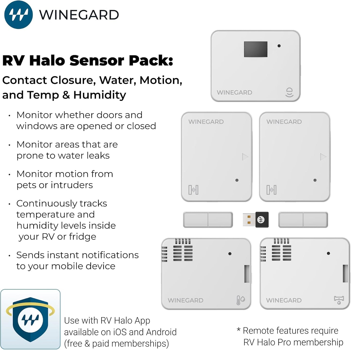 Winegard HS‑K001 RV Halo Sensor Pack – Contact, Temp, Humidity, Water, PIR Motion Sensors - Bluetooth Dongle - Multi‑Sensor Kit for RV Halo Smart System