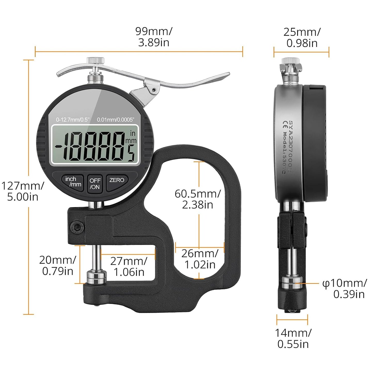 Neoteck Digital Thickness Gauge 0.5inch/12.7mm,0.0005inch/0.01mm Accuracy | with LCD Display, Inch/MM Conversion ,One-Hand Quick Press Thickness Measuring Tool for Leather Paper Fabric Film -Grey
