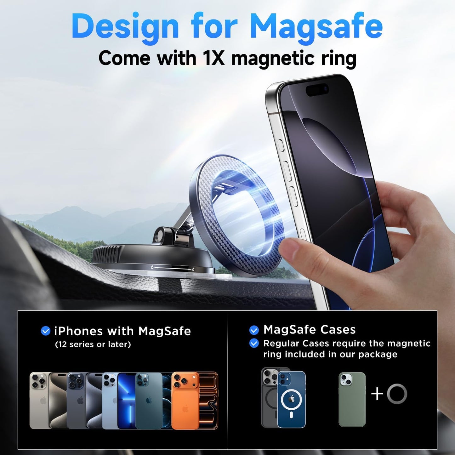 ANDERY Car Phone Holder for Magsafe [78+LBS Max Suction & 2400gf Magnetic] | 360° Adjustable Car Phone Mount, Phone Holders for Your Car for iPhone 17-12 Pro Max Air Plus (Carbon Fiber)