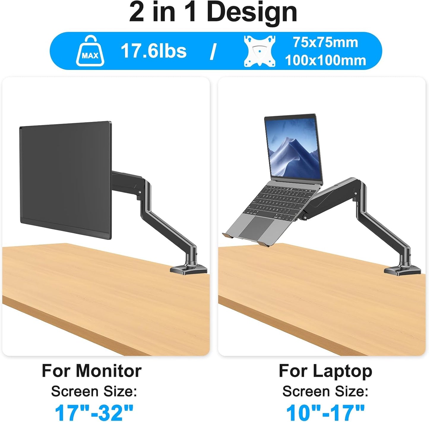 Laptop Stand Desk Mount, 2 in 1 Function, Single Monitor Mount | Fits Max 17" Notebook and 32" Computer Screen, Gas Spring Arm with Laptop Tray, Holds up to 17.6lbs