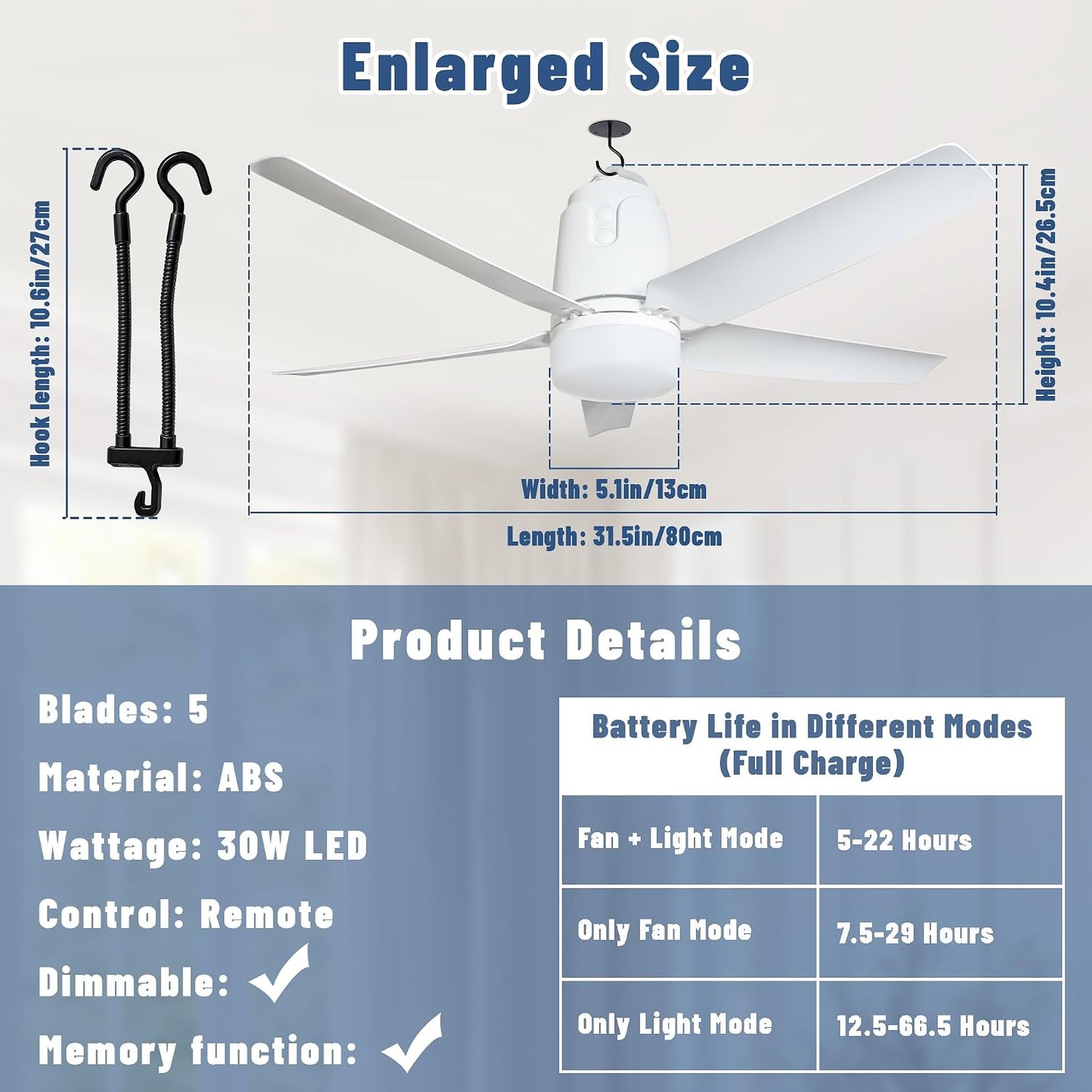 SHUNLEE Solar Outdoor Ceiling Fan Light 31.5'', 60W Solar Powered Portable Gazebo Fan With Remote and Hook, 3000K-6000K LED, 40000mAh Large Hanging Canopy Fan (31.5 inch)