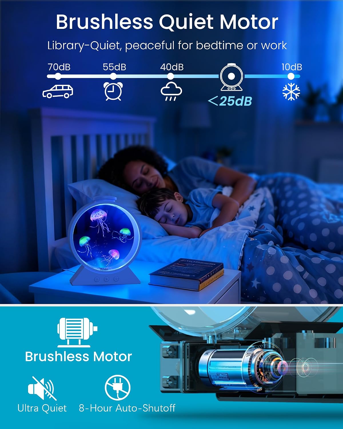 Jellyfish Lamp for Sleep Anxiety Calming Night Light for Bedroom(White) | Whisper-Quiet Sensory | 7 Soft Color Modes | Adjustable Water Flow | 8H Auto-Off Timer | Rounded Tank Lamp Gift for All Ages