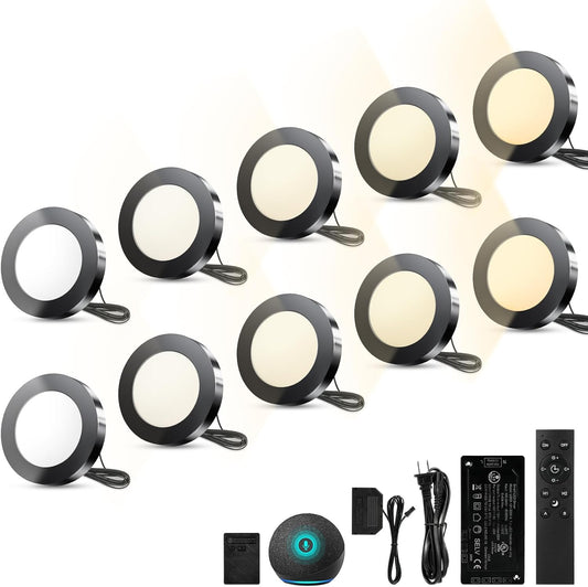 VST Smart Puck Lights, 10 Pack, 3000K-6000K Dimmable Under Cabinet&Shelf Lighting, Compatible with Alexa&Google Home, App&Remote Control, 12V 2W, Recessed/Surface Mount, Black for Kitchen Display Case