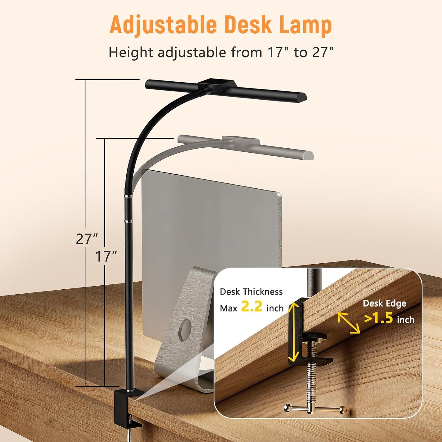 LED Desk Lamp for Home Office, Flexible Gooseneck Desk Lamp with Clamp, 5 Color Touch Control Stepless Dimming Adjustable Eye-Caring Desk Light with Adapter for Reading, Study, Workbench (Black)