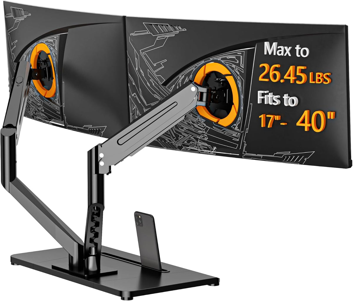 Bracwiser Dual Monitor Stand Free Standing Desk Mount, Premium Dual Monitor Arm Fits Two Screens up to 40 inch 26.45 lbs Fully Adjustable Arms with Heavy-Duty Wooden Base, Max VESA 100x100mm (MLXSPC)