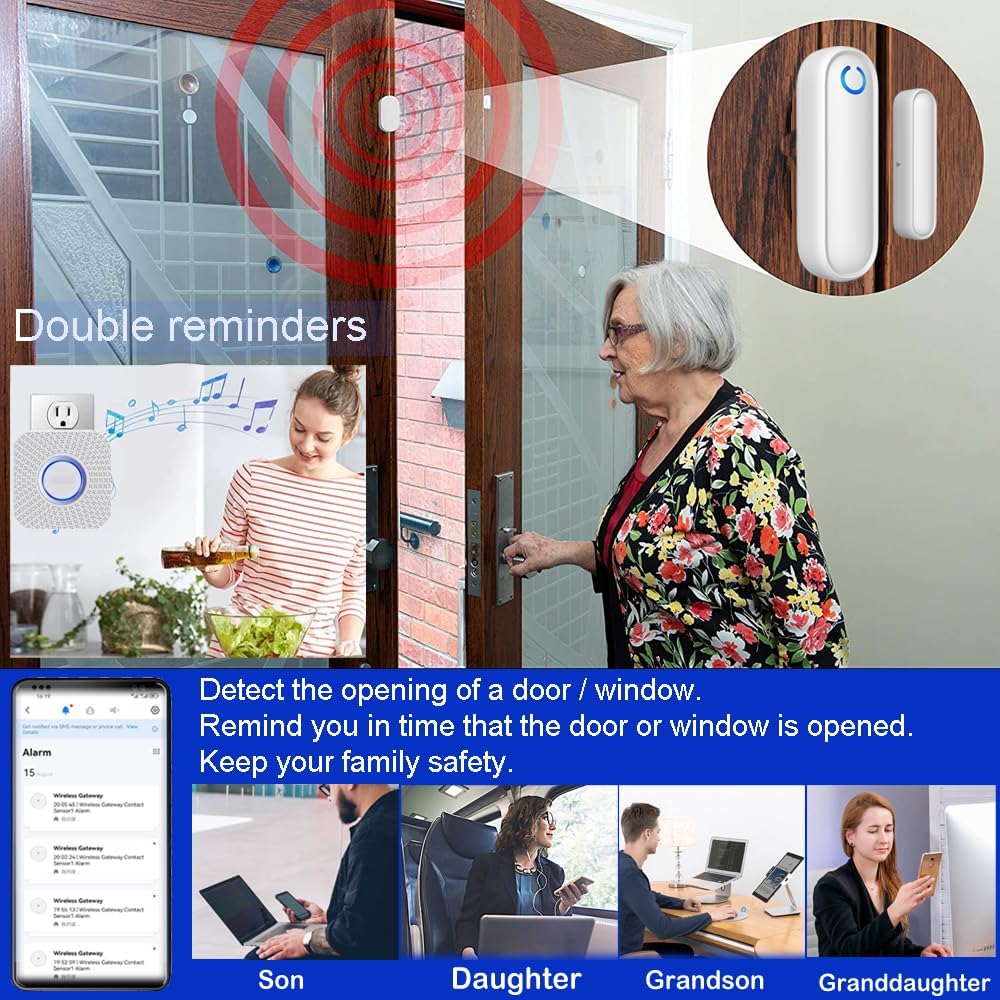 Caregiver Pager WiFi Door Alarms for Dementia Patients with Phone App,WiFi Smart Door Sensor Alarm for Kid Safety/Home Security/Elderly/Business/Store/Mailbox(2 Sensor 1 Gateway)