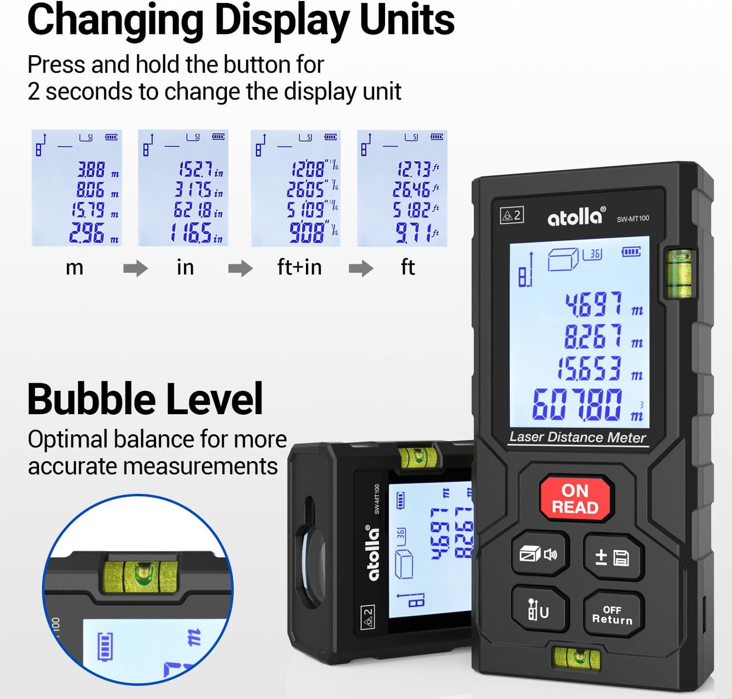 atolla Laser Tape Measure, Laser Distance Meter with Bubble Level | 4 Measurement Modes, 99 Measurement Memory, Backlit LCD, M/in/ft Unit Switching, Waterproof IP54, One Button Operation