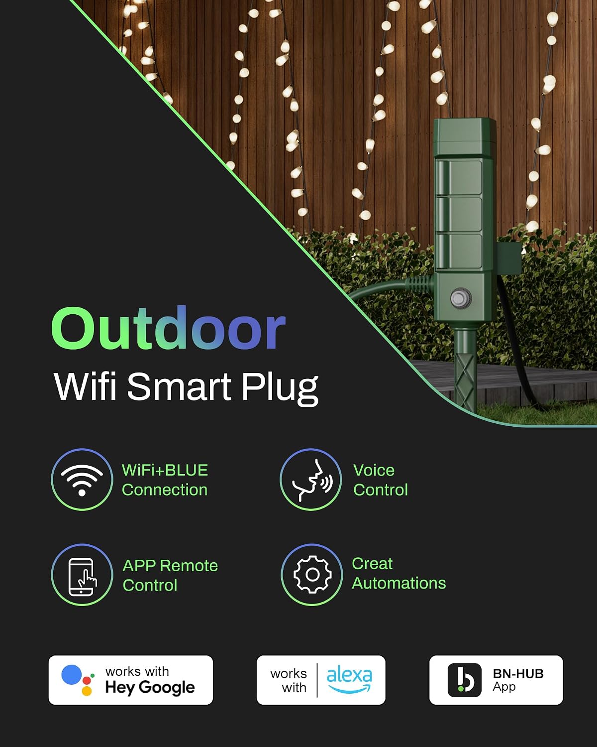 HBN Smart Outdoor Power Stake Timer, 6 Outlets, WiFi Voice Control