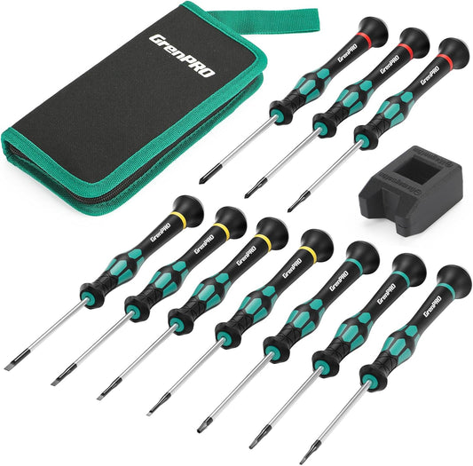 GRENPRO 10-Piece Precision Screwdriver Set, Magnetic Small Screwdrivers with Phillips, Slotted, Torx Star for Eyeglass, Watch, Computer, Laptop, Phone,Green
