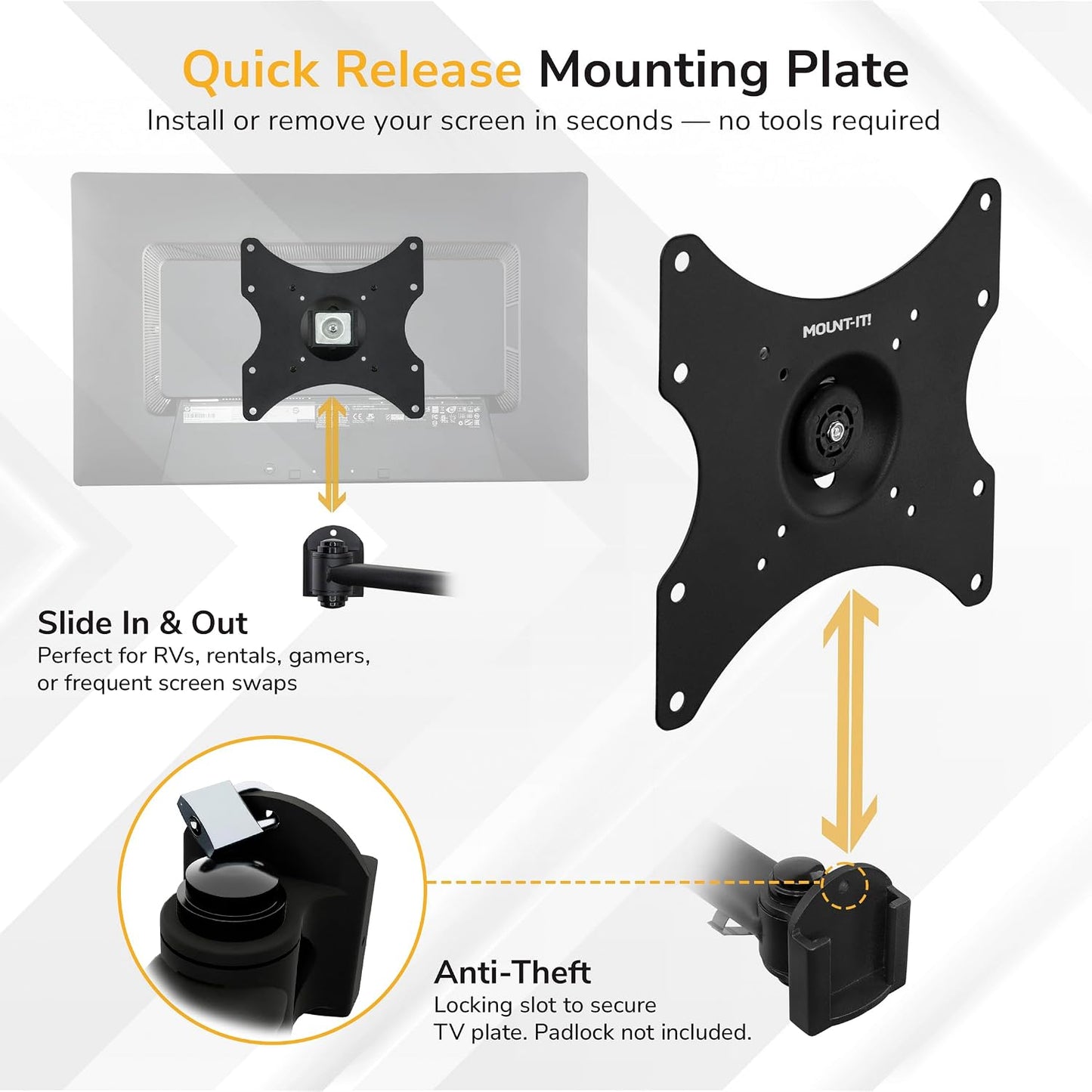 Mount-It! Full Motion TV Wall Mount Bracket for 13-42” Screens – 18" Articulating Arm, Quick Release Plate, Tilt Swivel Rotate, Anti-Theft Lock, Single Stud Install, Supports 44 lbs, VESA 75–200