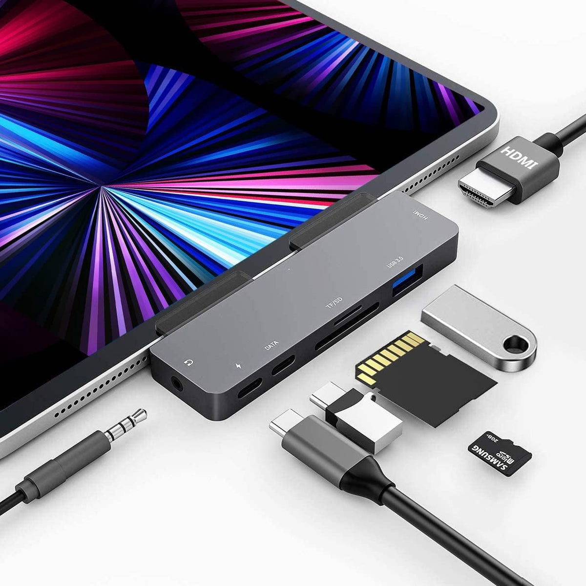 iPad Pro USB C Hub Adapter for iPad Pro 2024 M4 M2 M1,7-in-1 Hub with 4K@60Hz HDMI,3.5mm Jack,USB3.0,PD 60W,SD/TF Card Slot,iPad Air 4/5,iPad mini 6,iPad pro 13 12.9 Accessories.