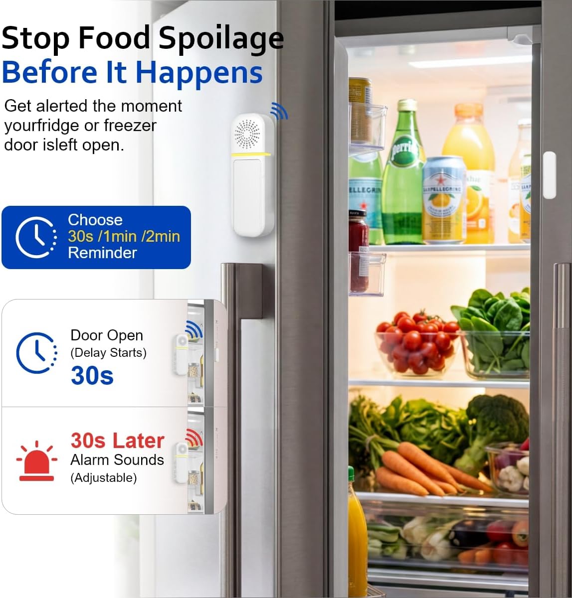 SanJie Door Left Open Alarm&Door Chime,Instant/30s/1min/2min Delay,1 Sensor | Door Alarms for Dementia/Kids Safety, Door Left Open Alarm for Business, Home, Fridge, Pool, Garage, 0-110dB, 27 Chimes