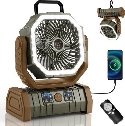 Odoland 30000mAh Camping Fan with LED Lantern, Rechargeable Battery Fan | Operated Oscillating Fan with Remote & Hook, Portable Tent Fan with Timer, 4 Speeds for Outdoor Camp RV Power Outage, Brown
