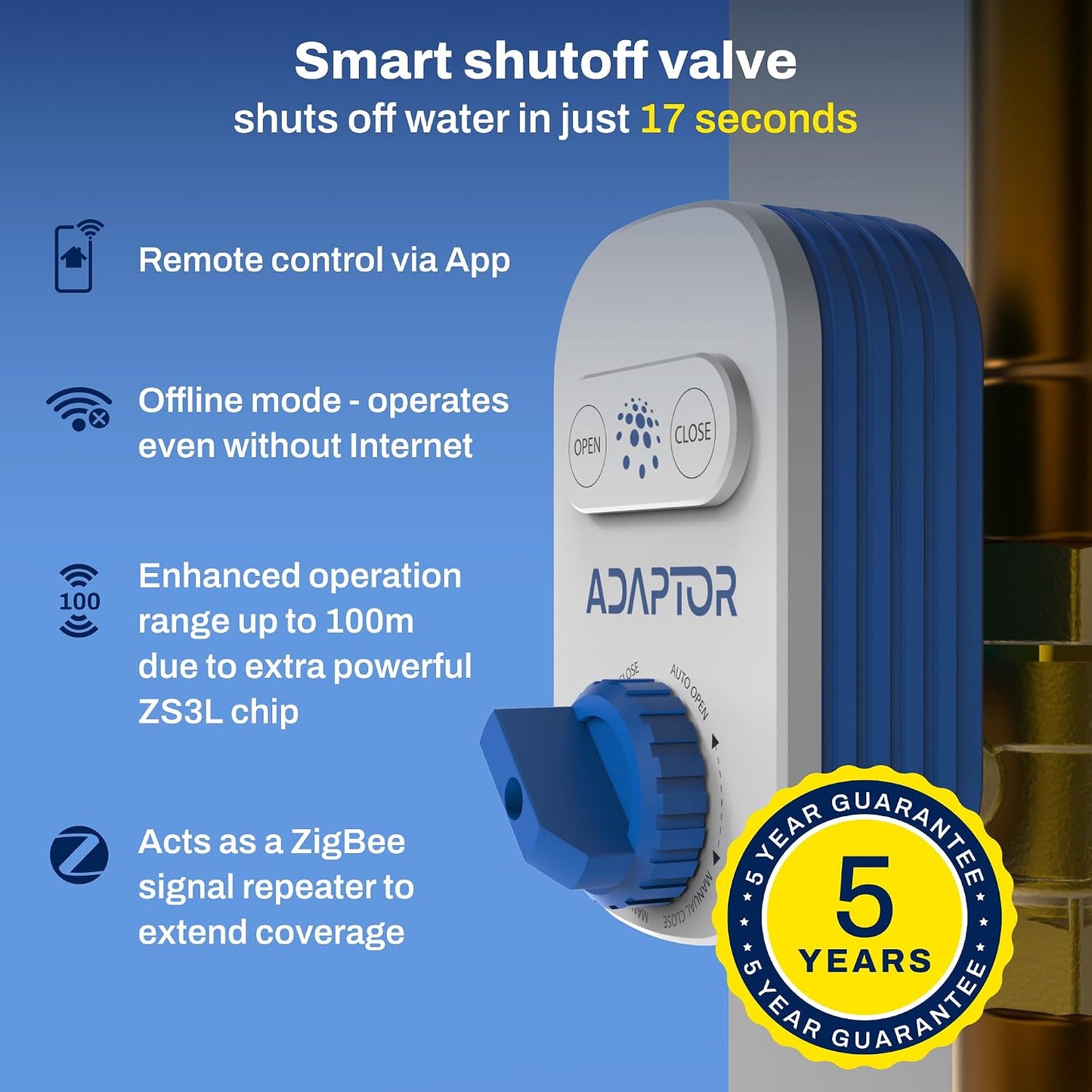 Zigbee Smart Water Shut Off Valve 3/4 Inch Leak Defense (Hub Req) | Automatic pipeline shutoff actuator, smart home flood security system, 17 seconds emergency trigger, solid brass housing