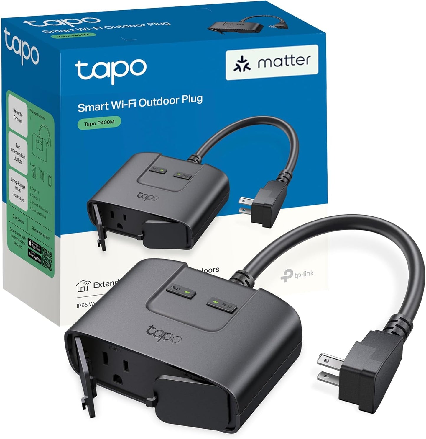 TP-Link Tapo Matter Outdoor Smart Plug, 2 Individual Outlets, IP65 Weather Resistance, Works with Apple Home, Alexa, Google Home, Long Wi-Fi Range, 2.4G Wi-Fi Only, ETL Certified (Tapo P400M)