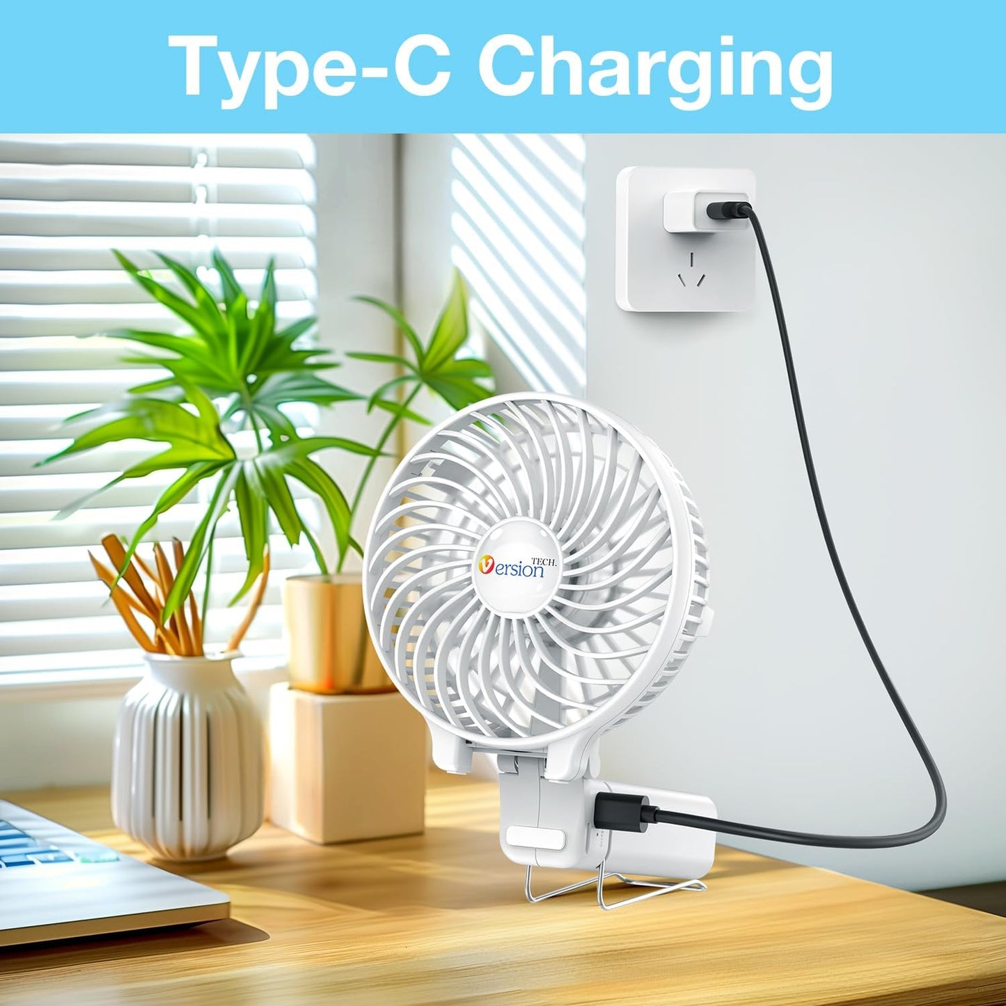VersionTECH. Portable Handheld Fan, Powerful+Durable+4000mAh+180° Foldable, Mini Table Fans with USB Rechargeable Battery Operated Cooling Accessories for Personal Use, Travel, Office White