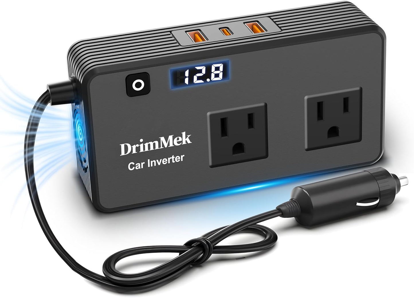 DrimMek 272W Car Power Inverter, Car Plug Adapter Outlet 12V to 110V Converter with 3 * 24W USB Fast Charging Port, Dual AC Outlet for Laptop, Vehicles, Camping (LED Display)