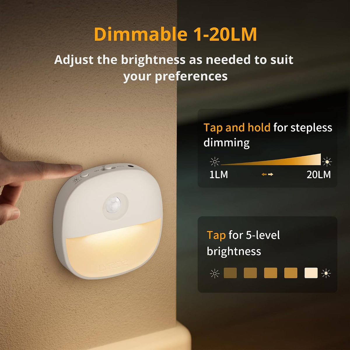 Lyridz Rechargeable Night Light, Motion Sensor Battery Nightlight, Mini Stick-on LED Closet Light, 1-20LM Dimmable Brightness for Bathroom, Bedroom, Kitchen, Washroom, Stairs, Hallway, 3-Pack