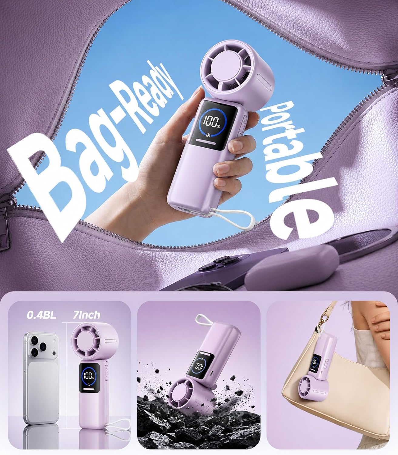 Turbo Portable Handheld Fan, 15000mAh Rechargeable Personal Fan for Travel | 15m/s Foldable Neck Fan with 100 Speeds, Up to 50H Runtime, Built-in USB-C Output and Display for Concerts and Outdoors