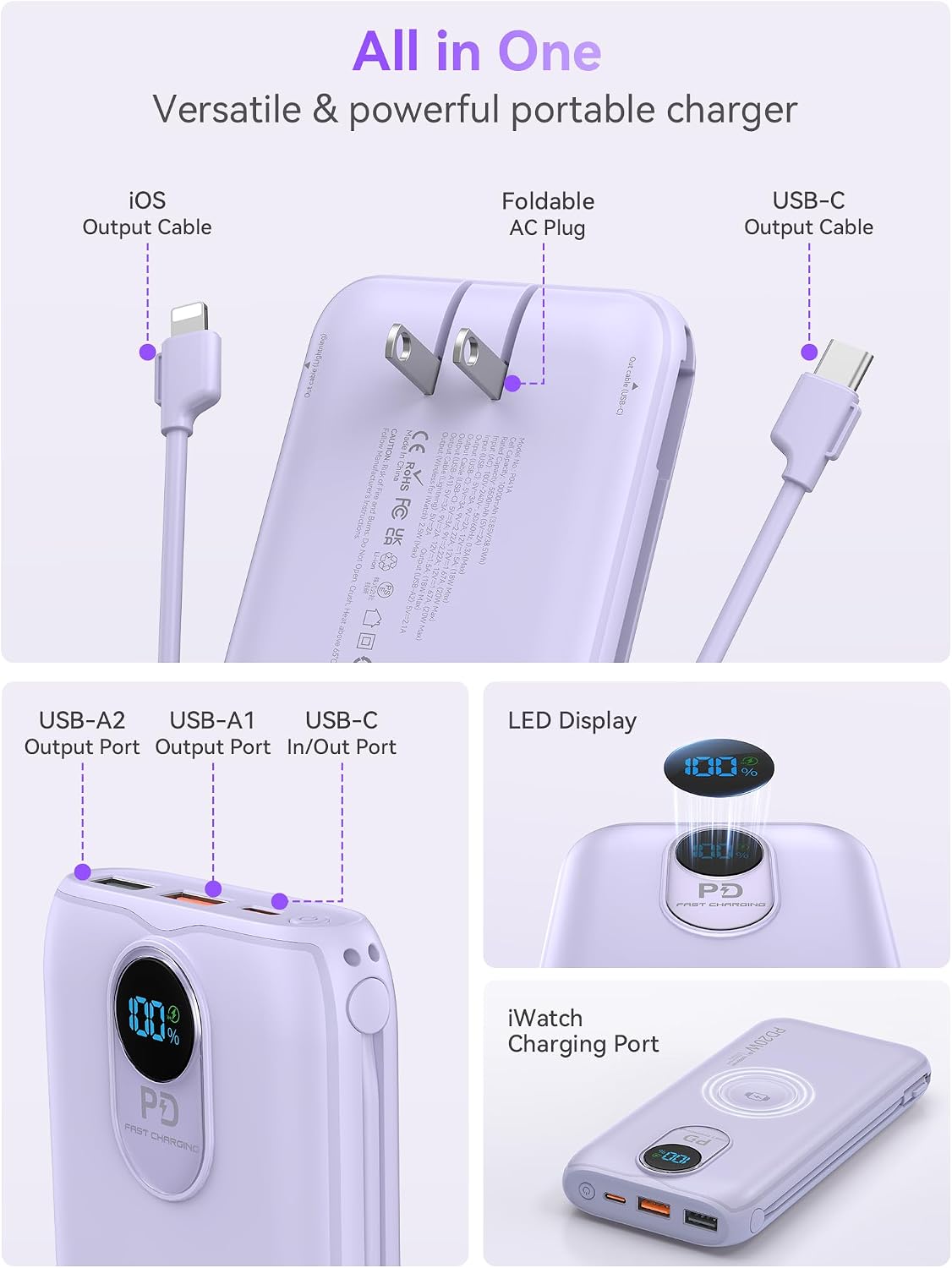 Portable Charger Power Bank 10000mAh PD20W w/Built-in Cables & AC Plug | Portable charger iphone,Fast charging, Built-in wall plug, LED display, Charge 6 devices at once, Pass through charging