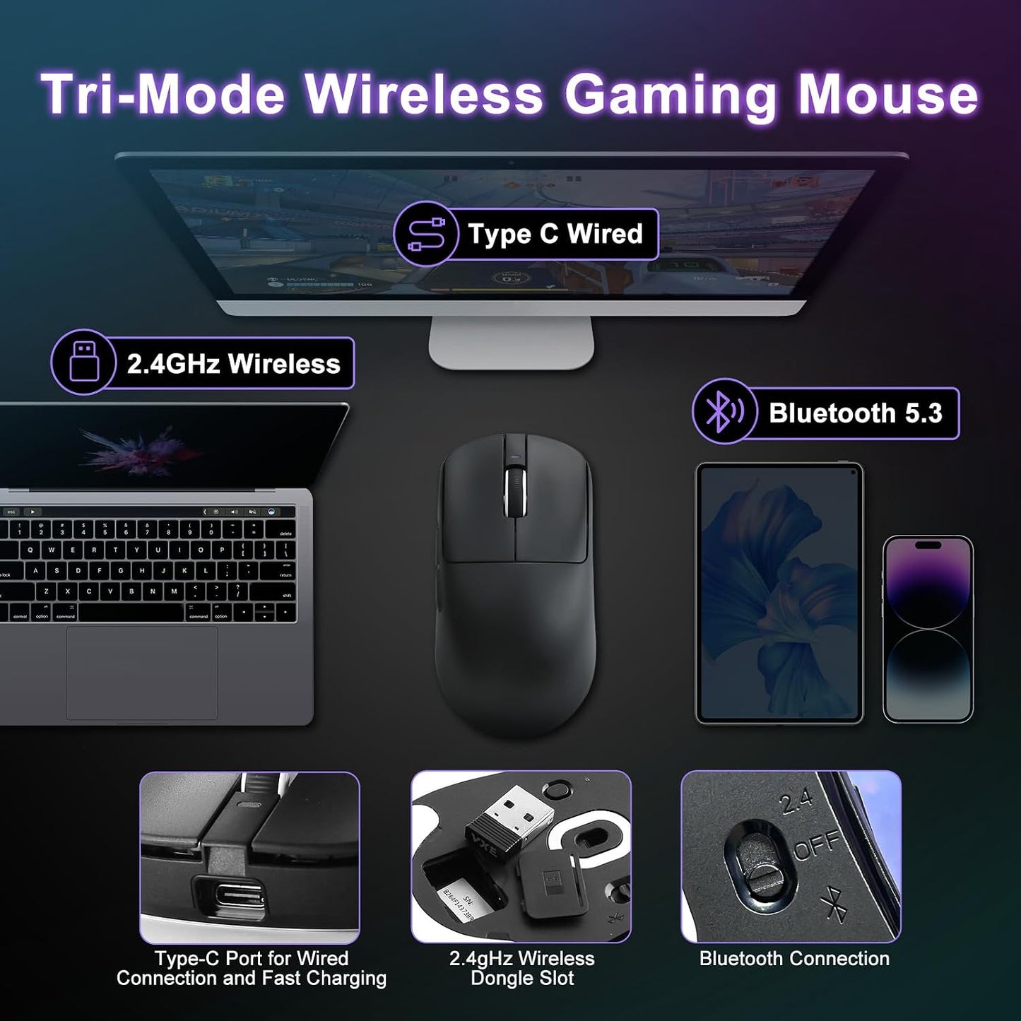 R1 SE+ Gaming Mouse, 18000 DPI, High-Precision PAW3395 SE Sensor,55g Lightweight, Tri-Mode 2.4G/BT5.0/USB-C Mouse, Programmable Ergonomic Mouse for Laptops/PC/Mac (Black)