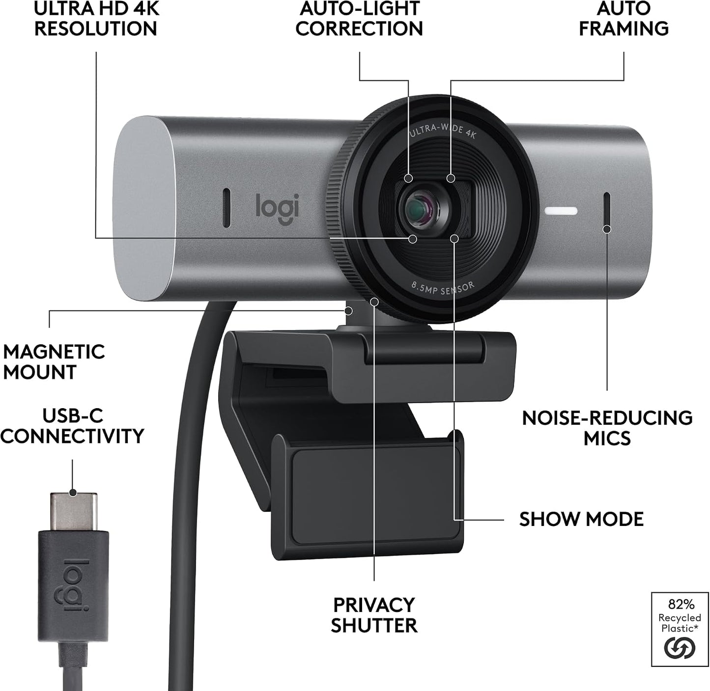 Logitech MX Brio Ultra HD 4K Webcam Collaboration and Streaming - Graphite | Ideal for collaboration and streaming, Show Mode, works with Microsoft Teams, Zoom, Google Meet, Nintendo Switch 2