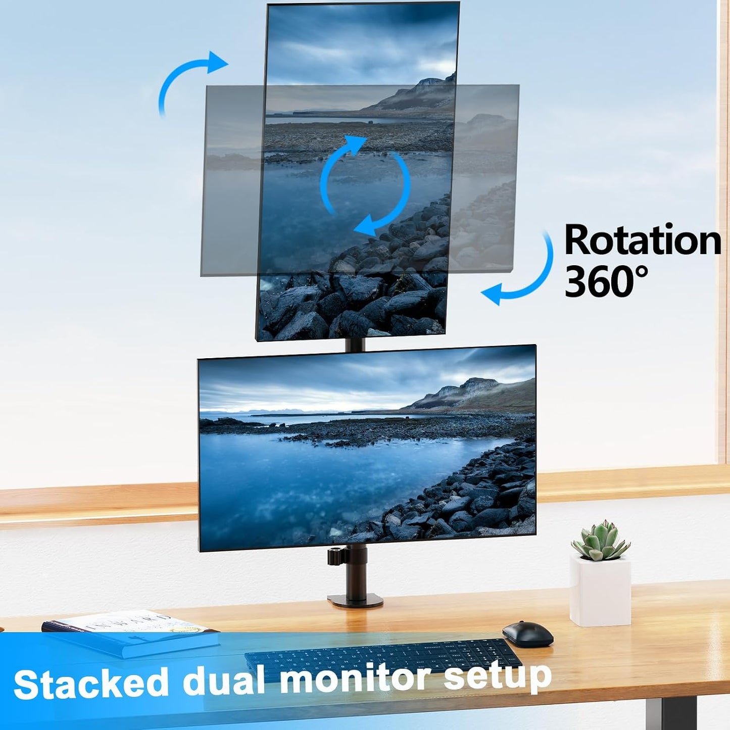 Vertical Dual Monitor Stand for Max 32 "Computer Screen | Holds up to 17.6 lbs Each Stacked Monitor Mount Height Adjustable, Swivel, Tilt Monitor Desk Mount, VESA 75/100