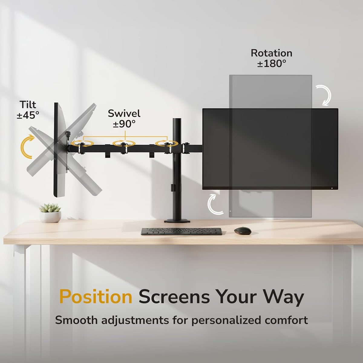 Mount-It Dual Monitor Arm, Heavy Duty Desk Mount for 2 Screens 13-32 in | Up to 19.8 lbs Each, Full Motion Tilt Swivel Rotate, VESA 75x75 100x100, Steel, Cable Management, C-Clamp or Grommet, Black