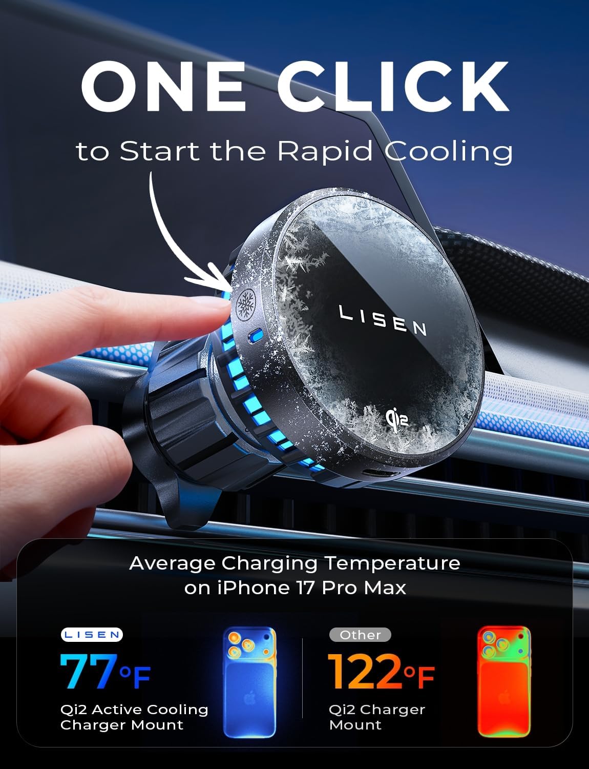 LISEN Qi2.2 25W MagSafe Car Mount Charger [TEC Cooling & Qi2 25W] Magnetic Wireless Car Charger,360 Dashborad & Vent Magnetic Phone Holders for Your Car Accessories, Only for iPhone 17 16 15 14 13 12