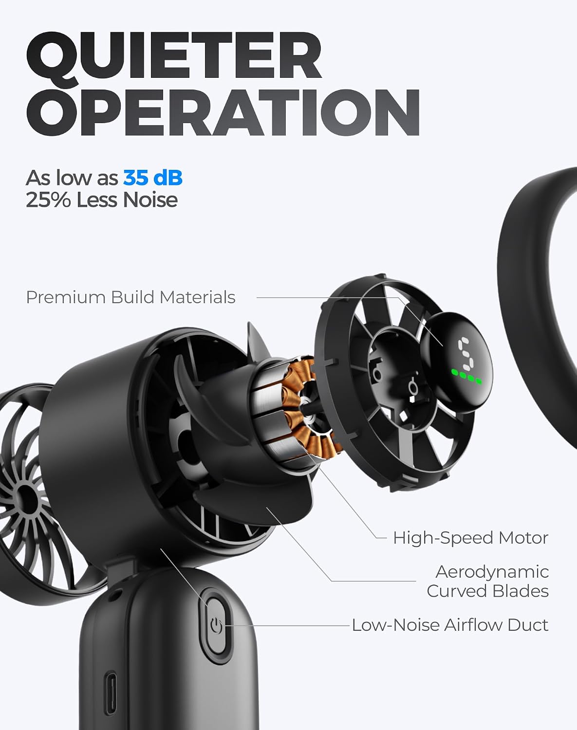 Diveblues Mini Portable Handheld Turbo Fan 27ft/s, 4000mAh Battery | Quiet Motor, 12H Max Cooling, 5 Speeds, LED Display, 3-in-1 Handheld/Neck/Desk Fan for Travel, Cruise & Disney Essentials