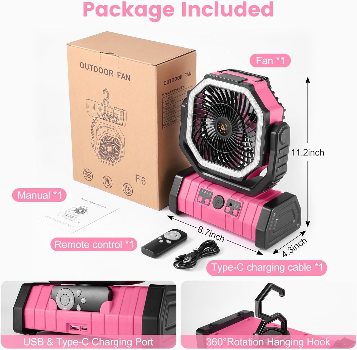 Odoland 30000mAh Camping Fan with LED Lantern, Rechargeable Battery Fan | Operated Oscillating Fan with Remote & Hook, Portable Tent Fan with Timer, 4 Speeds for Outdoor Camp RV Power Outage, Pink