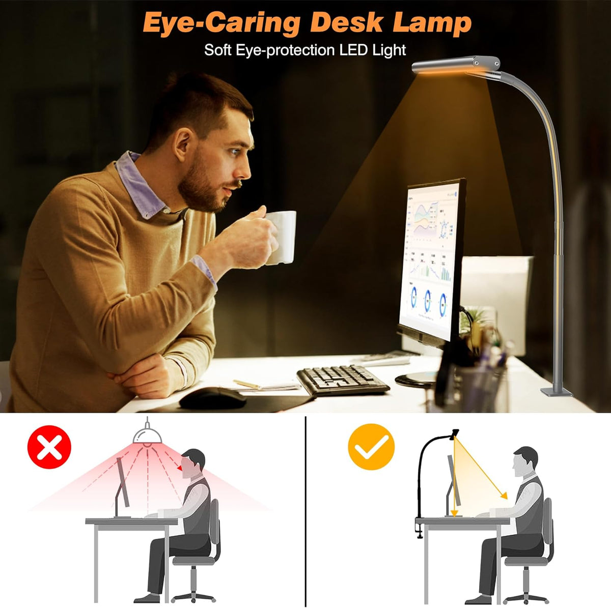 Airlonv LED Desk Lamp with Clamp, 17" Stepless Dimming Light, Grey