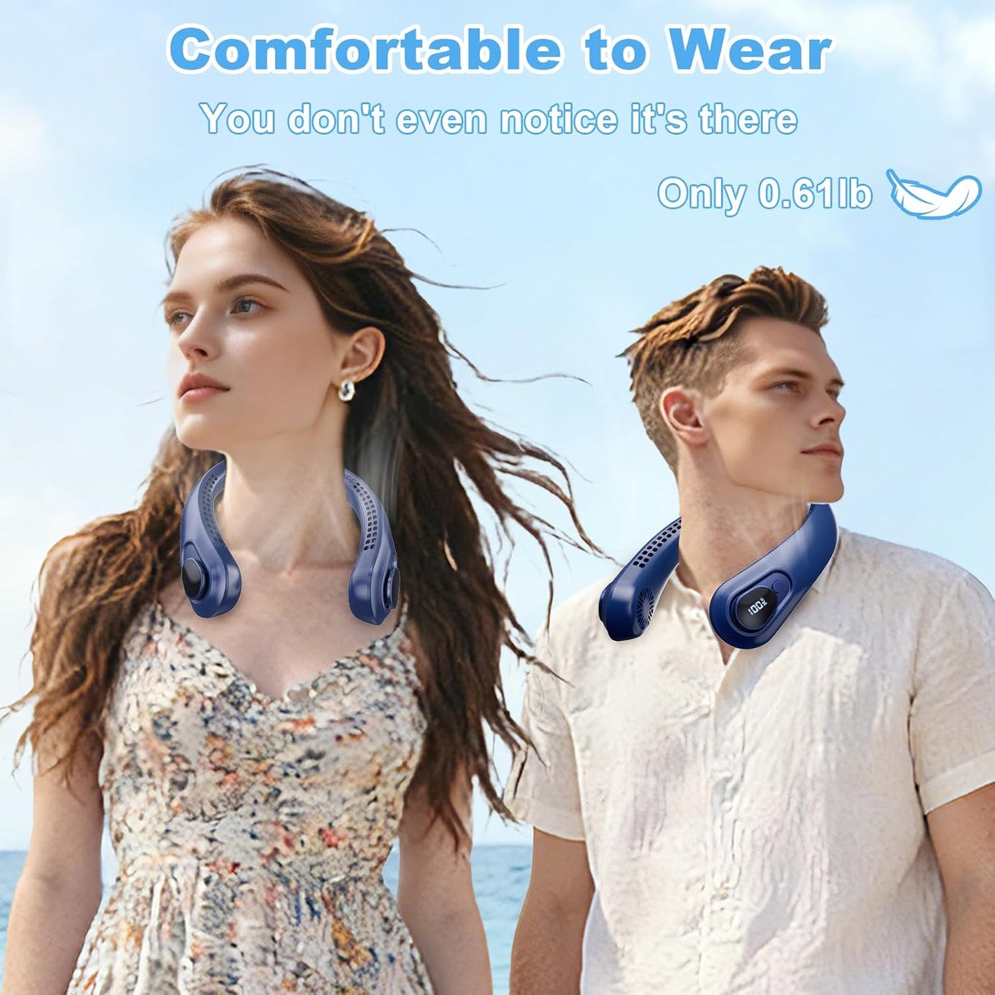 Portable Neck Fan Rechargeable - [with LED Display] 5 Speeds, 5000 mAh Battery Operated Wearable Personal Cooling Bladeless Fan for Outdoor Travel, Gifts for Men Women Kids,Dark Blue