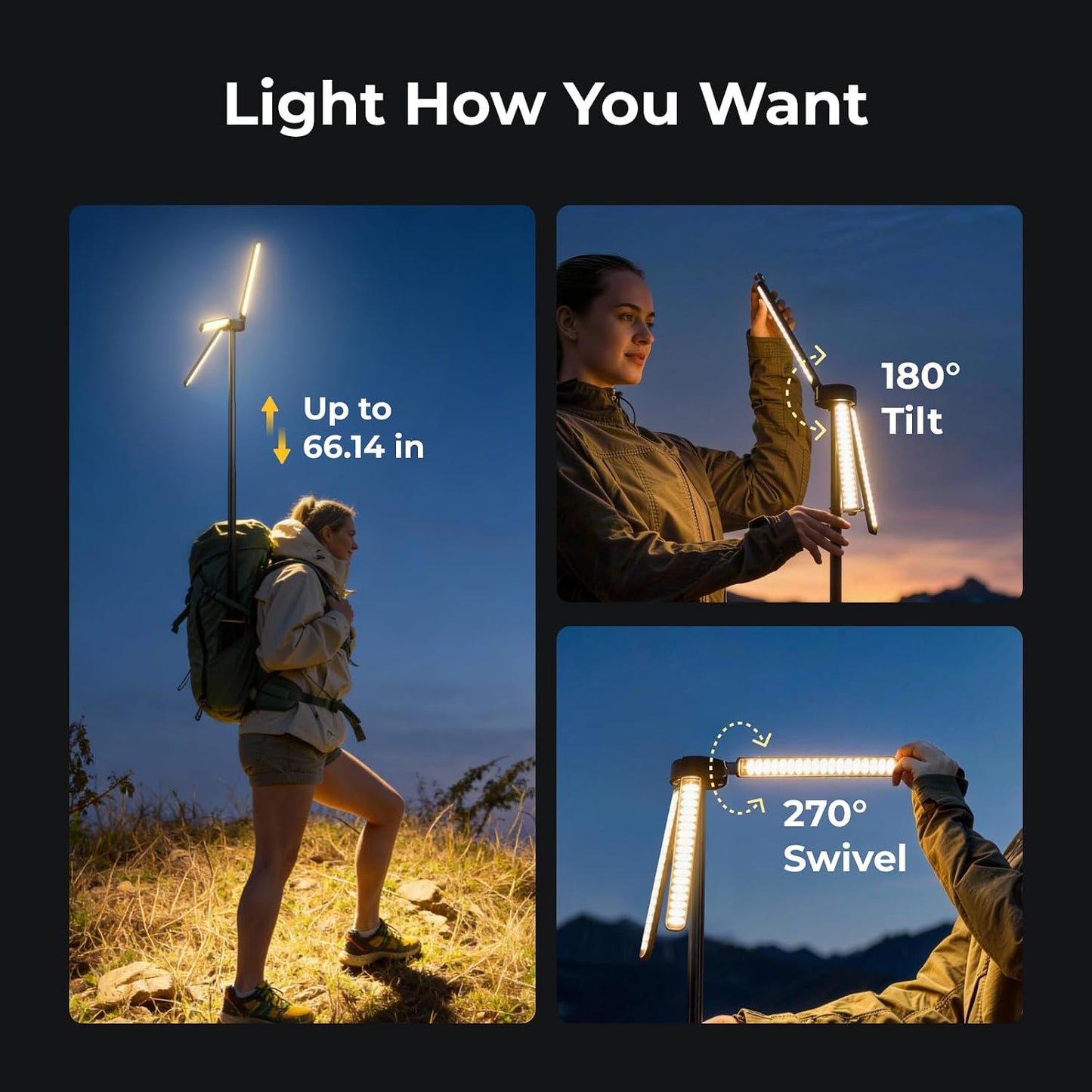 BougeRV Telescopic Camping Light T1, 15600mAh Rechargeable Lantern, Black | 5.5 ft Adjustable Height, 1000x3 Lumens, 8-102H Runtime, 270°/180° Rotation, 3 Color Modes, Honeycomb Cutout Design, Outdoor