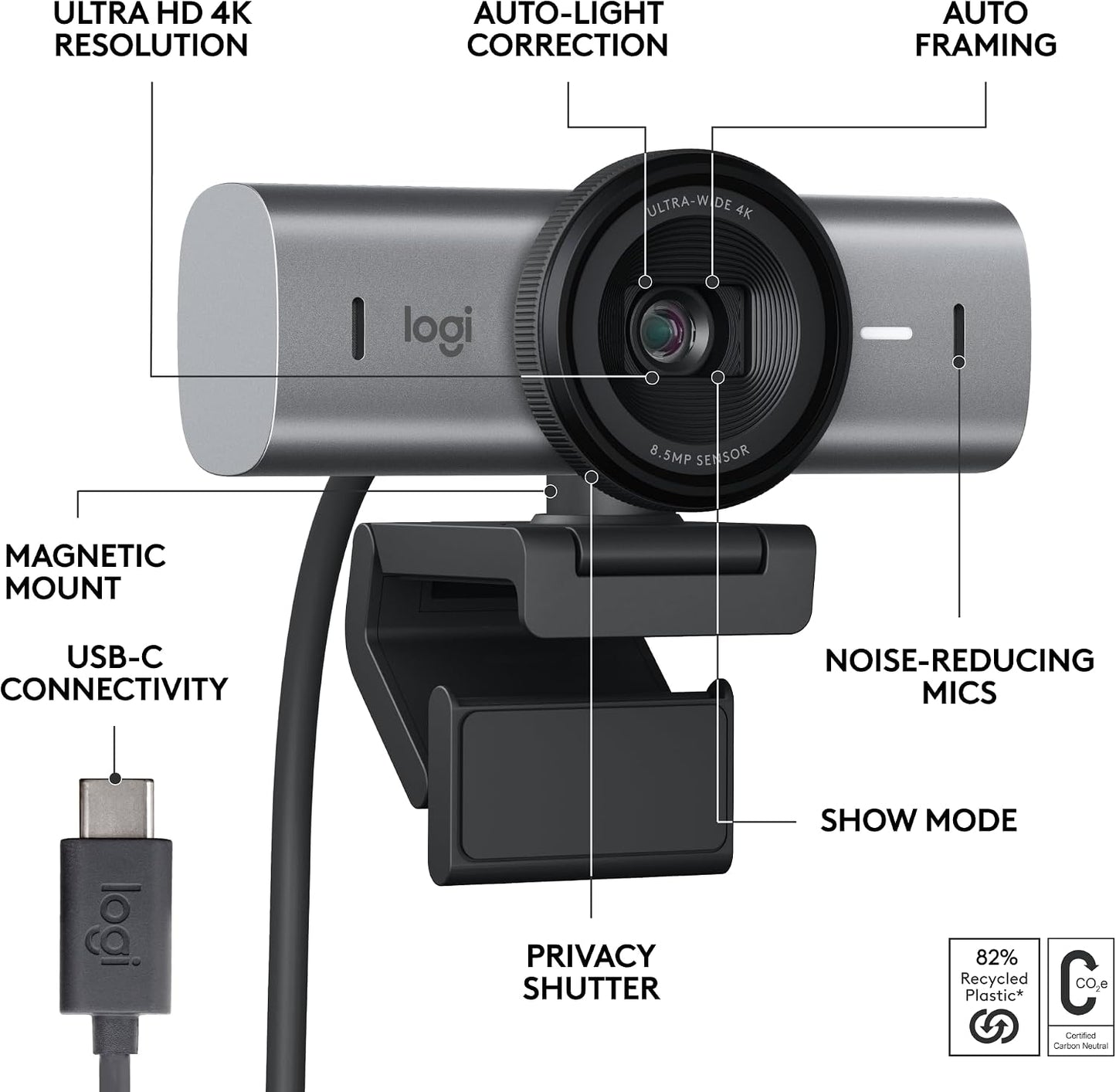 Logitech MX Brio Ultra HD 4K Webcam with Noise Reducing Microphones, AI-Enhanced Image Quality, Privacy Protector and USB-C Connection - Graphite