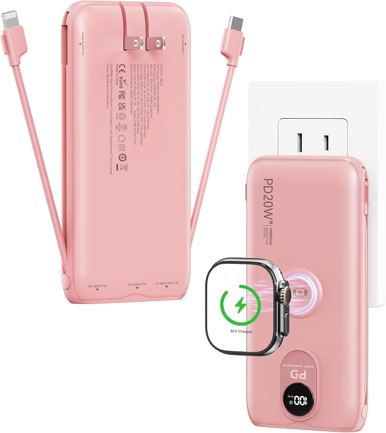 Portable Charger 10000mAh 20W, Wall Plug, 2 Cables, iWatch Charging | Digital Display, Compact Lightweight, USB C Fast Charge, USB-A 18W, Multi Protection, Travel Essential, for iPhone 17 16, Pad