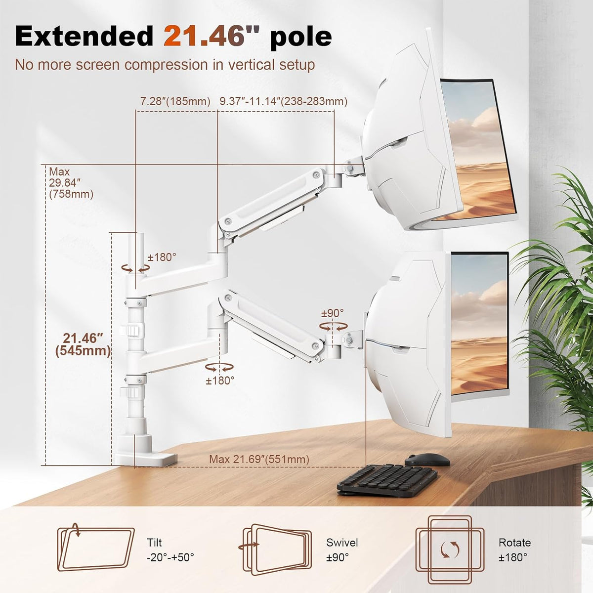 Heavy Duty Dual Monitor Arm for 17-49" Screens, Vertical Stack, 44lbs