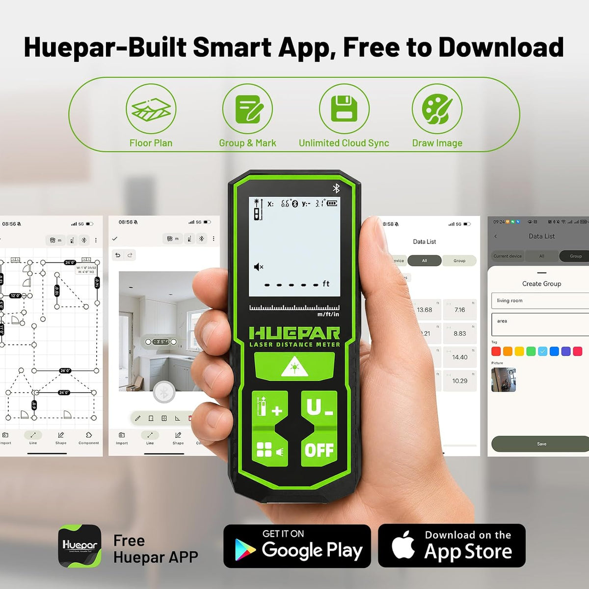 Huepar Bluetooth Green Laser Measuring Tool 200FT, S60-G-BT | APP Control, Green Beam, ±1/16" High Accuracy, Rechargeable USB-C Laser Distance Meter, Angle Sensor, IP54, Gifts for Men