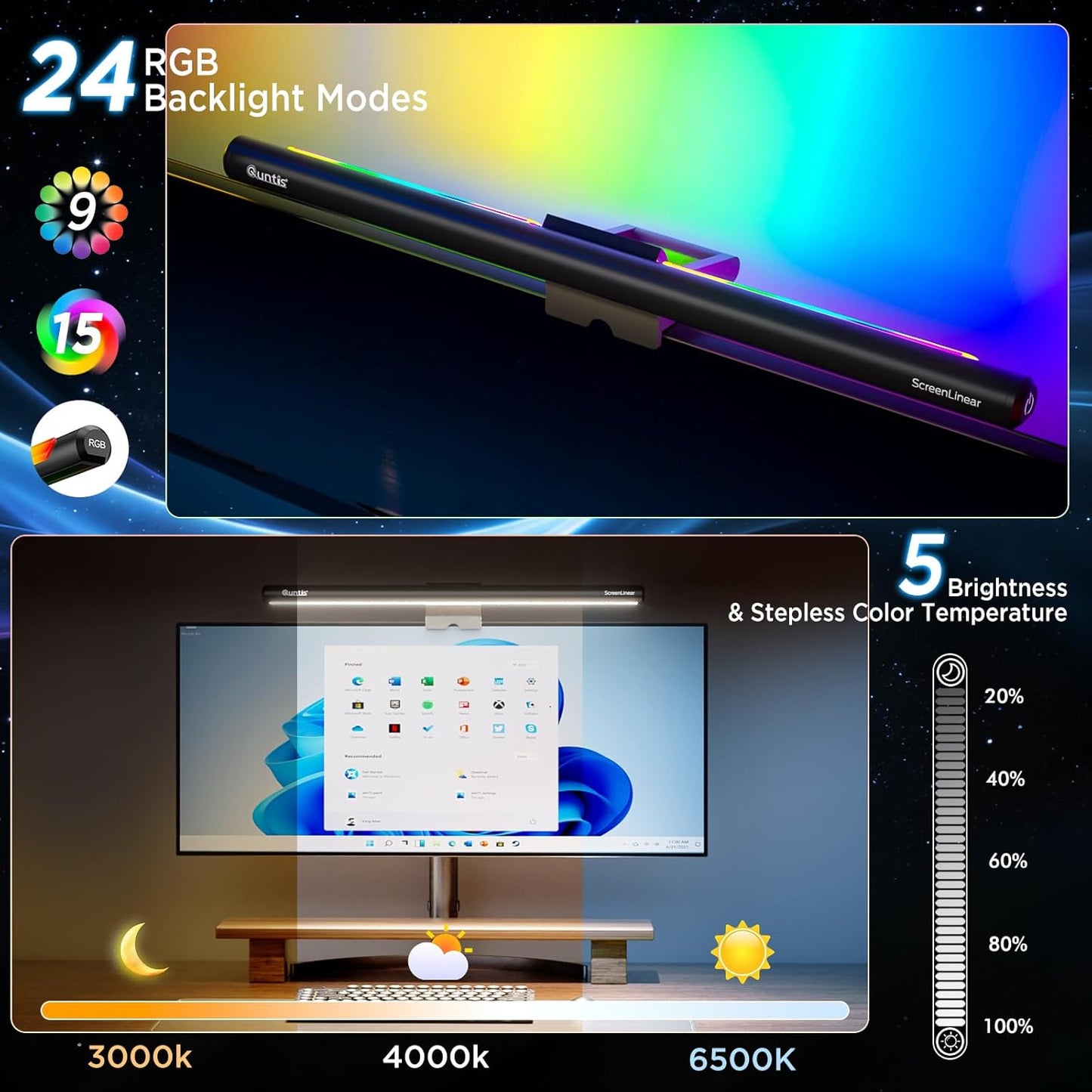 Quntis Monitor Light Bar 15.7", 24 RGB Backlight Modes for lmmersive Gaming Ambience, 900 Lux Glare-Free Computer Screen Lamp, High CRI 95 Eye Care Desk Light for Home Office