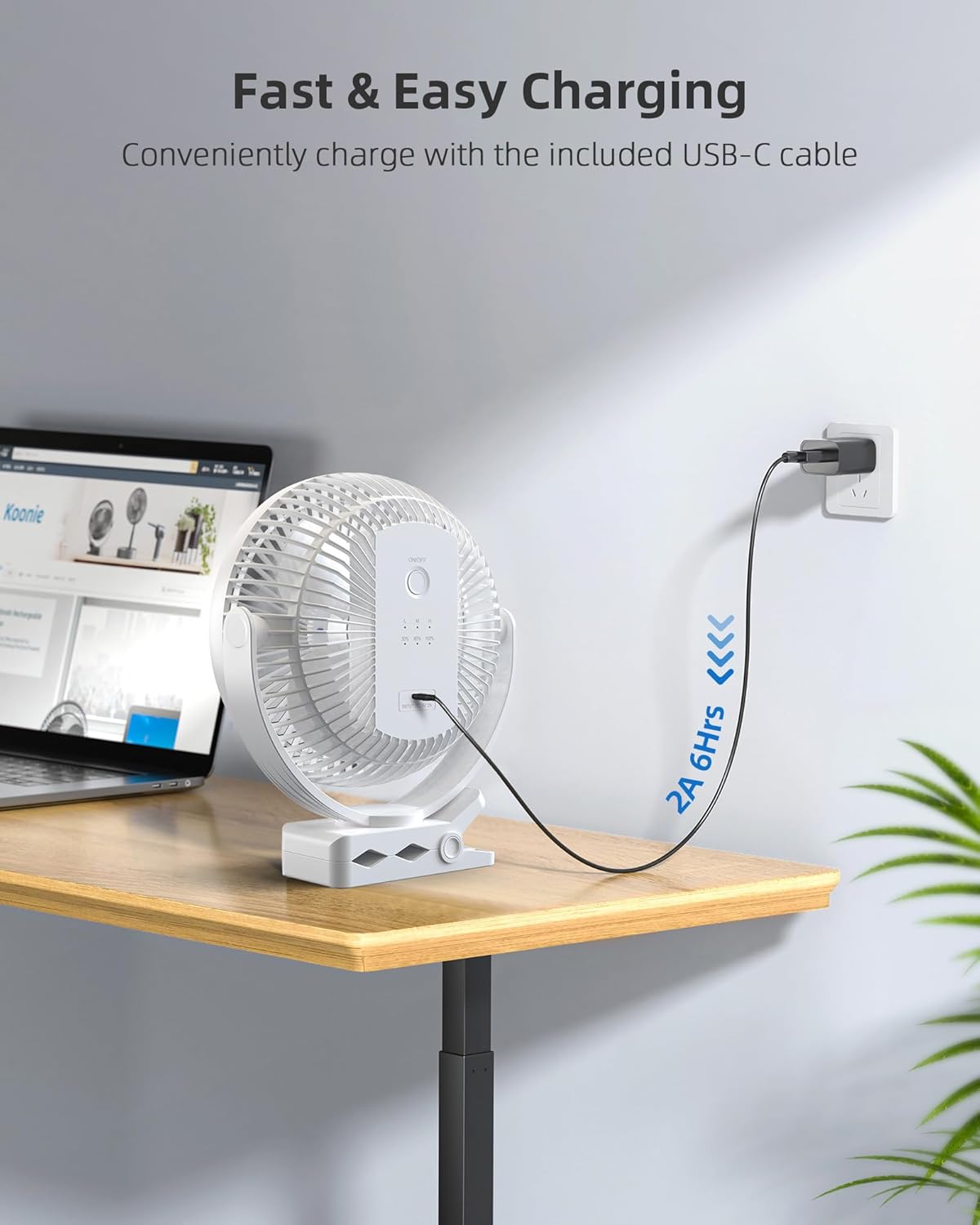 Koonie 8" Clip on Fan, 10000mAh Rechargeable Battery, Strong Airflow | 4 Speeds, Sturdy Clamp, Ideal Portable USB Desk Fan for Office, Golf Cart, Camping, Travel, Tent, Outdoor, Treadmill & Gym