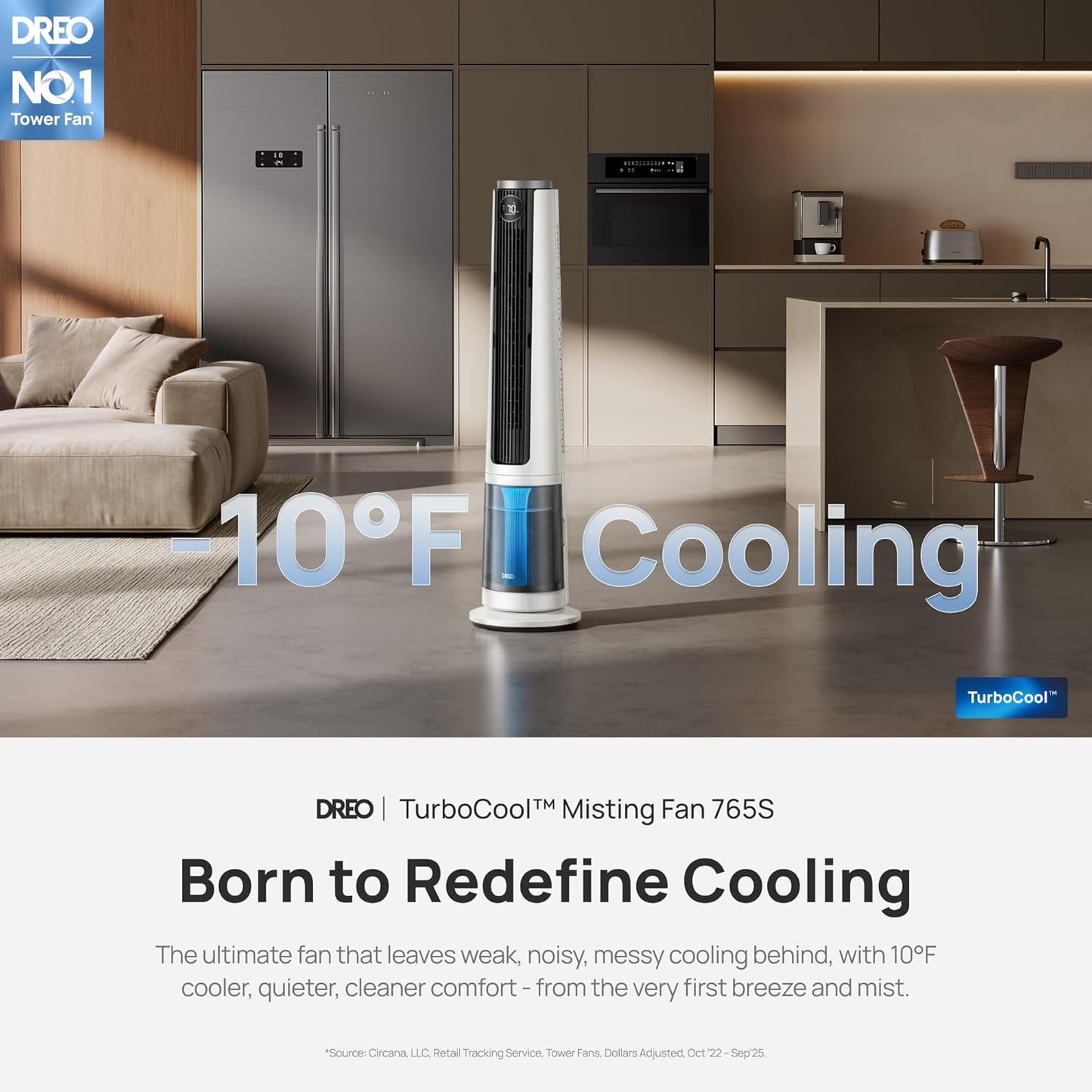 DREO TurboCool Misting Fan 765S, Fans that Blow Cold Air, 10°F Cooling Fan | 34ft/s Fast Evaporative Air Cooler, 6L Tank, 20 dB Quiet DC Motor, 90° Tower Fan with 12 Speeds, 4 Modes for Home, White