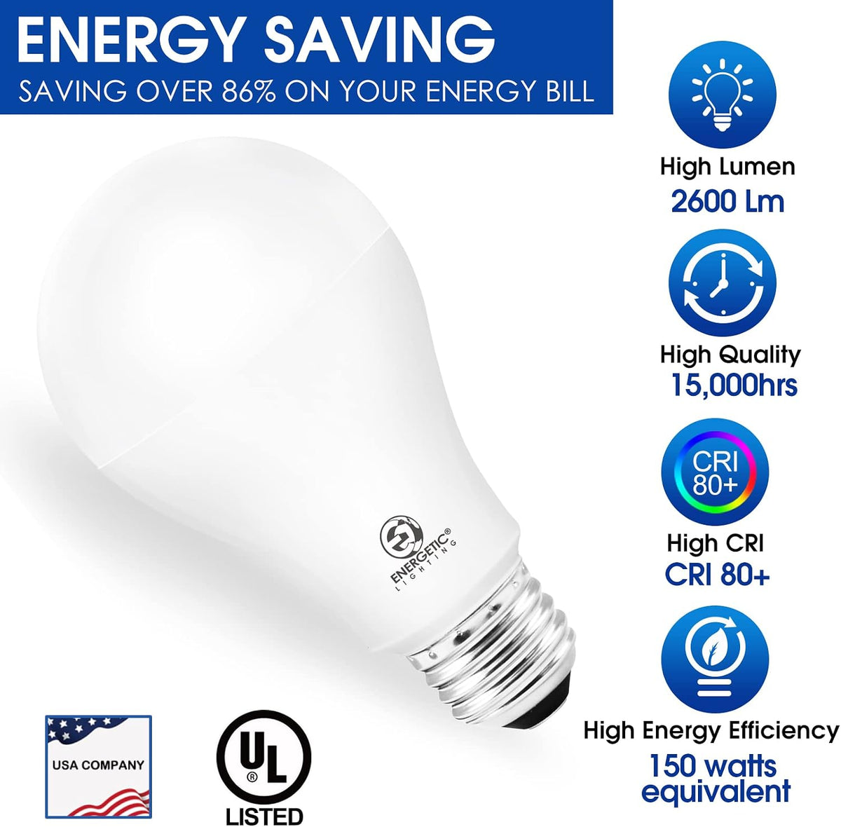 E ENERGETIC LIGHTING 150 Watt LED Bulb, 2600LM Super Bright Light Bulbs, Daylight 5000K, Dimmable A21 LED Bulb, E26 Standard Base, UL Listed, Damp Rated, 2 Pack