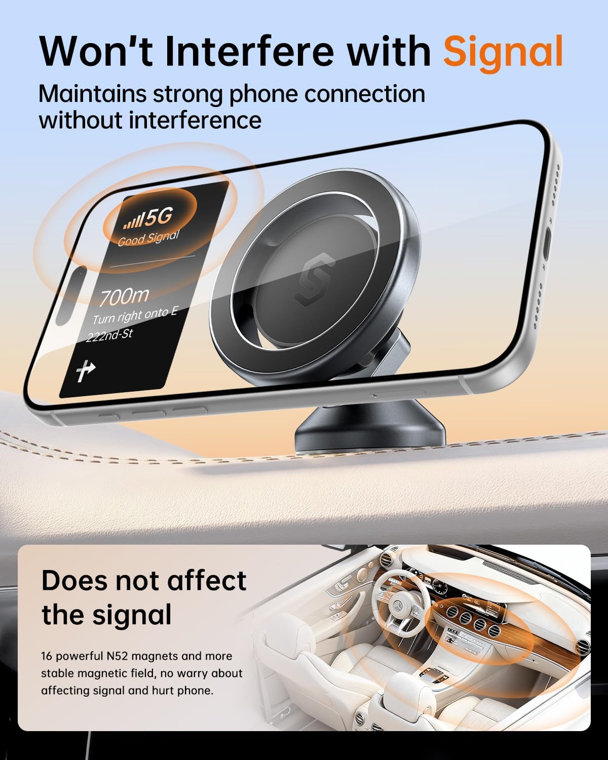SYNCWIRE MagSafe Car Mount, Adjustable Magnetic Phone Holder, Space Gray | 360° Rotating Strong Magnet Phone Mount with 3M VHB Adhesive, Compatible with iPhone 17/16/15/14/13/12 & MagSafe Cases