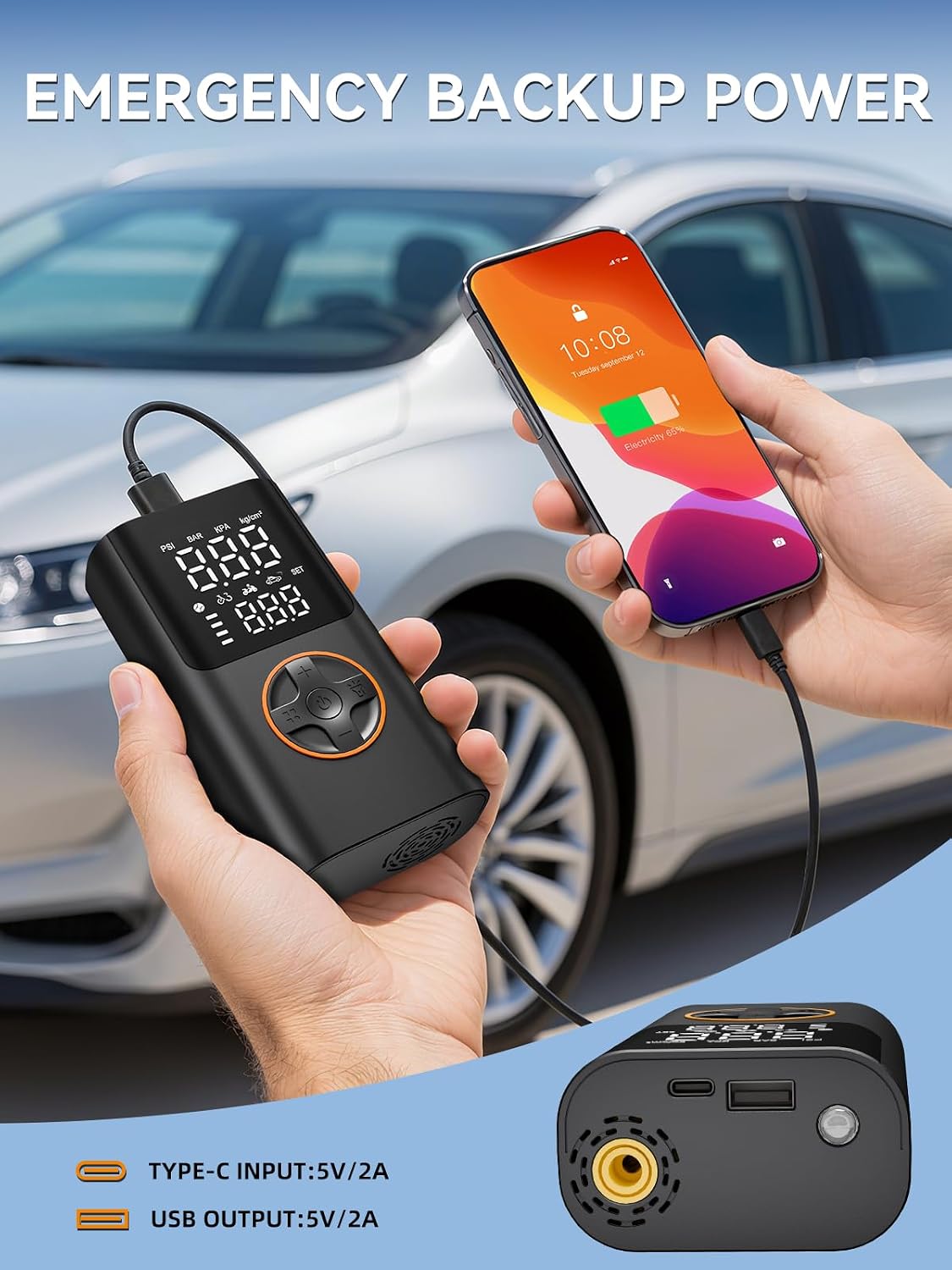 Tire Inflator Portable Air Compressor, 150PSI Fast Inflation | Cordless Air Pump for Car Tires, Bikes, Motorcycles, Auto Shut-off, Digital Gauge & LED Light, Rechargeable Battery