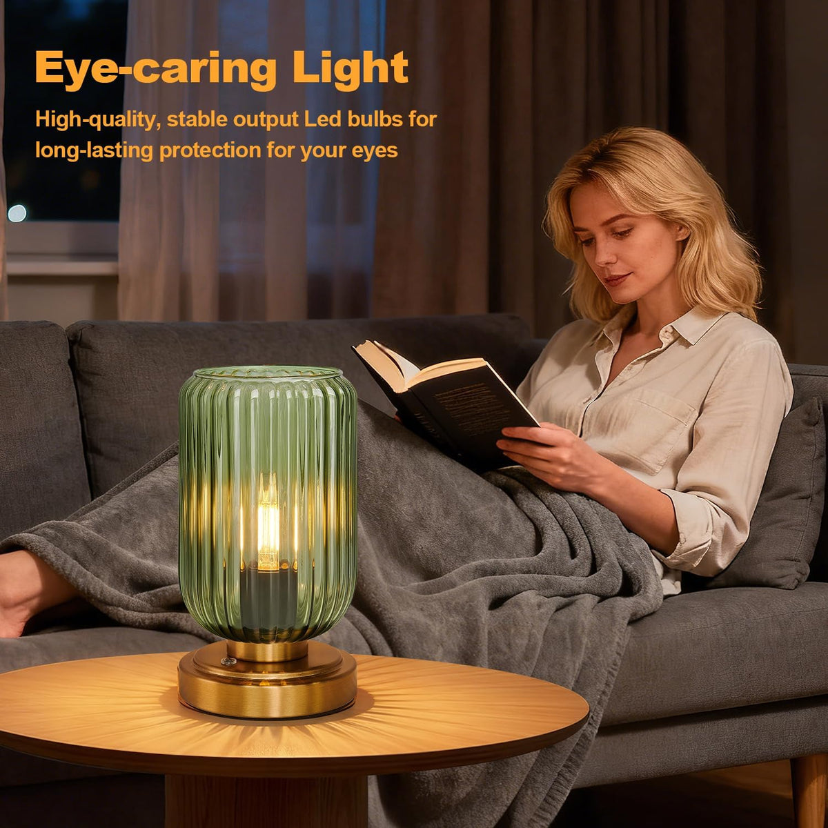 LightRound Cordless Table Lamp for Bedroom, 7500mAh Rechargeable Battery Operated Lamp, Modern Touch Dimmable Wireless Lamp Gold Base Green Glass Shade for Living Room, Desk, Led Bulb Included